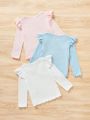SHEIN Kids EVRYDAY Young Girl 3pcs Ruffle Trim Ribbed Knit Lettuce Trim Tee