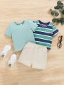 SHEIN 3pcs Baby Boys' And Girls' Casual Knit Letter Pattern Striped Short Sleeved Top And Shorts Outfit Set