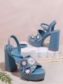 Women's Blue High Heel Sandals With Floral Pattern Design
