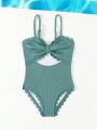 1pc Elegant One-Piece Swimsuit With Hollow Out Design And Scallop Trim For Young Girls