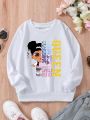SHEIN Girls' Slogan And Floral Printed Sweatshirt For Little Girls