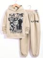 SHEIN Kids HYPEME Boys' Casual Hooded Pullover With Printed Pattern And Knitted Long Trousers Set In Korean Style, Teens