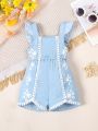 Baby Girls' Lace Decorated Denim Romper With Ruffle Hem