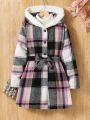 SHEIN Kids Academe Tween Girl Plaid Print Fuzzy Trim Hooded Belted Overcoat Without Sweater