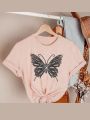 Plus Size Butterfly Pattern Rhinestone Decor T-Shirt