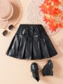 SHEIN Kids CHARMNG Toddler Girls' High Waist Leather-Look Pleated Skirt