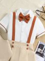 SHEIN Kids FANZEY Boys' Gentleman Suit Waistcoat, Necktie, Dress Shirt And Suspenders Trousers Set