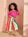 SHEIN Kids Cooltwn Young Girl's Daily Casual Off Shoulder Top And Striped Straight Pants Set