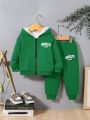 SHEIN Baby Boy Letter Graphic Teddy Lined Hooded Jacket & Sweatpants Without Tee