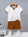 Young Boys' Knitted Jacquard Polo Shirt And Shorts Casual Set, Suitable For Summer