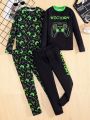 SHEIN Tween Boys' Tight-Fitting Casual Round Neck Printed T-Shirt And Pants Pajama Set