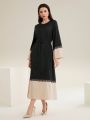 SHEIN Modely Women's Color Blocking Lace Patchwork Flared Sleeve Dress
