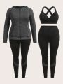 SHEIN Outdoor Mountain Plus Size Women'S Sportwear Three-Piece Set Including Hoodie, Jacket, Sports Bra, Stretchy Leggings