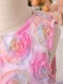 SHEIN Kids CHARMNG Young Girl Round Neck 3d Flower Mesh Layered Ruffle Hem Dress