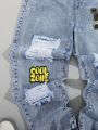 SHEIN Teen Boys' Irregular Printed Casual Denim Pants With Elastic Hem