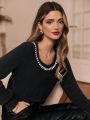 SHEIN Frenchy Fuzzy Sweater With Rhinestone And Pearl Embellishments