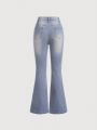 SHEIN Plain Washed Retro Flare Jeans, Slim Fit High Stretch Slant Pockets Ripped Knees Cut Out Front Bell Bottom Jeans, Vintage Wash Zipper Button Closure Riding Denim Pants,Kid's Denim Jeans & Clothing