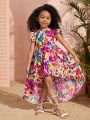 SHEIN Young Girls' Daily Casual Woven Floral Print Round Neck Dress