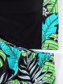 SHEIN 2pcs/Set Toddler Boys' Casual Letter Printed Swimwear With Plant & Leaf Print Rash Guard And Swim Trunk For Pool & Beach