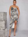 LUST Zebra Striped 3D Rosette Split Thigh Cami Dress