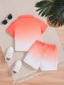 SHEIN Baby Boys' Gradient Collared Short Sleeve Shirt And Casual Shorts Set