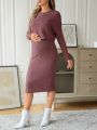 SHEIN Maternity Solid Rib-knit Tee & Adjustable Waist Skirt Set