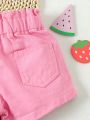Baby Girls' Water Washed Soft Pink Denim Shorts With Bow Knot Waist