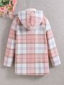 SHEIN Kids FANZEY Tween Girl Plaid Dual Pocket Hooded Overcoat Without Sweater