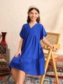 SHEIN Kids SUNSHNE Tween Girl's Solid Color Woven V-Neck Batwing Sleeve Loose Casual Dress