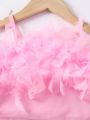 SHEIN Kids FANZEY 1pc Young Girls' Ladylike Feather Splice Short Vest Top, Summer