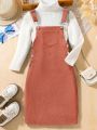 Girls' Solid Color Suspender Skirt With Pocket Design
