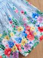 SHEIN Kids FANZEY Tween Girl's Striped Flower Pattern Shorts With Detachable Belt, Ruffled Hem