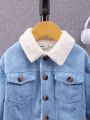 SHEIN Baby Boys' Contrast Color Collar Faux Denim Printed Plus Velvet Mid-weight Jacket