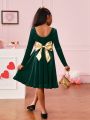 SHEIN Kids Cooltwn Tween Girls' Glitter Street-Style Round Neck Long Sleeve Dress With Bow Decoration At Back