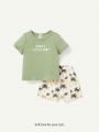 Cozy Cub Baby Boy's Letter Print Short Sleeve Top With Coconut Tree & Animal Print Shorts Set