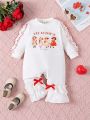 Baby Girls' Lovely Text Printed Elegant Jumpsuit With Lace, For Autumn/winter