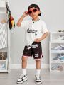 SHEIN Kids Cooltwn Boys' (Toddler/Little Kid) Color Block Striped Shorts With Letter Print