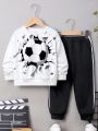 SHEIN Kids HYPEME Toddler Boys' Casual Loose Fit Football Printed Round Neck Sweatshirt And Pants Set
