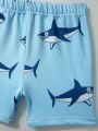 SHEIN 2pcs/Set Young Boys' Casual Tight Long Sleeve Color Block Shark Pattern Swim Shirt And Printed Swim Trunks, Suitable For Spring/Summer Season, For Pool, Beach