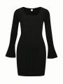 SHEIN Kids Y2Kool Girls' Fashionable Sweetheart Knit Solid Color Dress With Square Collar And Long Sleeves