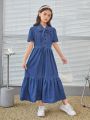 SHEIN Kids Nujoom Tween Girls' Stretch-Free Casual Denim Dress, College Style