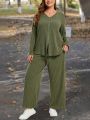 SHEIN LUNE Plus Size Solid Color Ribbed Knit Two Piece Set