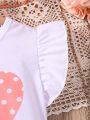SHEIN Kids QTFun Girls' (big) Love Heart & Polka Dots Print Flutter Sleeve Dress With Waist Belt