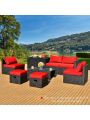 Gymax 8PCS Rattan Patio Sectional Furniture Set w/ Waterproof Cover & Red Cushions