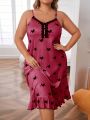 Plus Size Women's Heart Print Sleep Dress With Ruffle Hemline