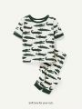 Cozy Cub Baby Boy Snug Fit Pajamas Cartoon Crocodile Pattern Short Sleeve Pullover Top & Footed Pants Homewear Set