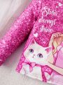 SHEIN Infant Girls' Cute Cartoon Princess & Cat Imitation Sequin Pattern Long Sleeve Top