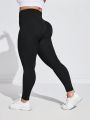 Plus Size Solid Color Wide Waistband Sports Leggings