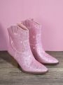 Studded Satin Block Heel Cowboy Boots
