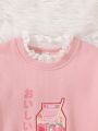 SHEIN Kids EVRYDAY Tween Girl Japanese Letter & Milk Graphic Drop Contrast Trim Shoulder Pullover